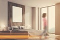 White and wooden bedroom vertical poster side blur Royalty Free Stock Photo