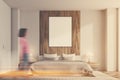 White and wooden bedroom, vertical poster, woman Royalty Free Stock Photo