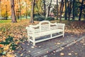 White wooden bench in the park in Autumn Royalty Free Stock Photo