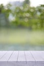 White wooden board empty table blur trees background