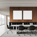 White and wooden board room interior with posters Royalty Free Stock Photo