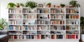 White wooden bookcase filled with books Zoom Virtual Background Royalty Free Stock Photo