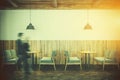 White and wooden cafe interior, sofas toned Royalty Free Stock Photo