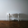 White wooden carved table in empty interior 3d render