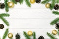 White wooden Christmas background. Border decorated fir branches Royalty Free Stock Photo