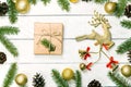 White wooden Christmas background. Border decorated fir branches Royalty Free Stock Photo