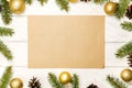 White wooden Christmas background. Border decorated fir branches Royalty Free Stock Photo