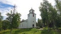 White Wooden church in Fatmomake kyrkstad on the Wilderness Road in Vasterbotten, Sweden