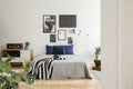 White wooden commode next to bed with dark blue pillows, grey duvet and striped black and white blanket in bedroom Royalty Free Stock Photo