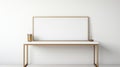 Minimalistic Desk With Golden Frame And White Background