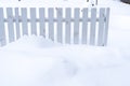 White wooden fence half covered with snow