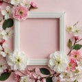 White wooden frame decorated with branches of floral blossom on pink, botanical flowers composition Royalty Free Stock Photo