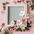 White wooden frame decorated with branches of floral blossom on pink, botanical flowers composition Royalty Free Stock Photo