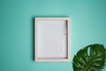 A white wooden frame with green leave over the mint background.