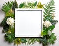 White wooden frame and tree stems, green and white leaves. For art texture, presentation design or web design and web background. Royalty Free Stock Photo