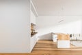 White and wooden kitchen interior with table and chairs, mockup Royalty Free Stock Photo