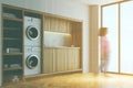 White and wooden laundry room, closet side blur Royalty Free Stock Photo