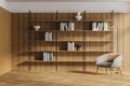White and wooden living room with armchair and bookcase