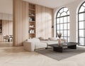 White and wooden living room corner with sofa and bookcase Royalty Free Stock Photo