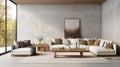 White and wooden living room interior with a concrete floor, loft windows, a beige sofa, a coffee table and a poster. 3d rendering Royalty Free Stock Photo