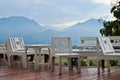 White wooden love chairs on balcony in hillside of Pai village Royalty Free Stock Photo