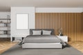 White and wooden master bedroom interior with poster Royalty Free Stock Photo