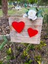 White wooden notice board with two red hearts and a white rose.