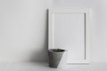 White wooden photo frame with potted cactus Royalty Free Stock Photo