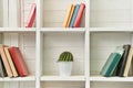 White wooden shelves with old books. Wooden bookcase. Royalty Free Stock Photo