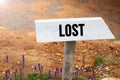 White wooden signpost with the word lost