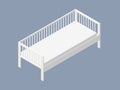 White wooden single bed with rails and mattress. 3D flat style vector illustration. Bed in isometric on grey background Royalty Free Stock Photo