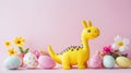 A white wooden table adorned with Easter eggs, vibrant rabbits, and spring flowers for decoration Royalty Free Stock Photo