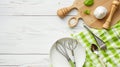 White wooden table covered with green tablecloth and cooking utensils. Generative Ai Royalty Free Stock Photo