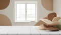 White Wooden Table Product Display with Abstract Background and Bright Window Royalty Free Stock Photo