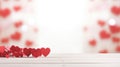 white wooden table with red hearts bokeh, valentines day love concept with copy space