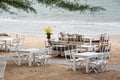 White wooden table set on beach Royalty Free Stock Photo