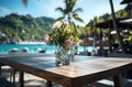 White Wooden Table Top And Blur Tropical Beach Of The Blur Exterior Background,with copy space for text , lifestyle Royalty Free Stock Photo