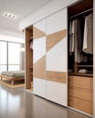 White wooden wardrobe in scandinavian style interior design of modern bedroom. Created with generative AI