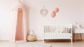 White woolen blanket and pastel pink pompom and wooden crib with canopy in bright baby room interior, Generative AI Royalty Free Stock Photo