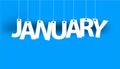 White word JANUARY - word hanging on the ropes on blue background. New year illustration. Royalty Free Stock Photo