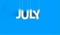 White word JULY - word hanging on the ropes on blue background. Royalty Free Stock Photo