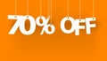 White words 70% OFF- word hanging on the ropes on orange background. 3d vector illustration