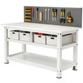 White workbench with storage and pegboard tools on white background work table workshop Royalty Free Stock Photo