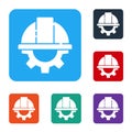 White Worker safety helmet and gear icon isolated on white background. Set icons in color square buttons. Vector Royalty Free Stock Photo