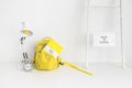 white workplace pupil with yellow bag alarm clock. High quality photo