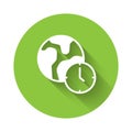 White World time icon isolated with long shadow background. Green circle button. Vector Royalty Free Stock Photo