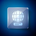 White Worldwide icon isolated on blue background. Pin on globe. Square glass panels. Vector Royalty Free Stock Photo