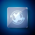 White Worldwide icon isolated on blue background. Pin on globe. Square glass panels. Vector Royalty Free Stock Photo