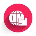 White Worldwide shipping and cardboard box icon isolated with long shadow. Red circle button. Vector Illustration Royalty Free Stock Photo