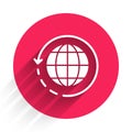 White Worldwide shipping and cardboard box icon isolated with long shadow. Red circle button. Vector Illustration Royalty Free Stock Photo